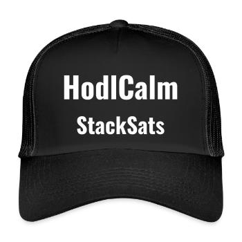 HodlCalm StackSats - Bitcoin Krypto Spruch - Kinder Trucker-Cap - Schwarz/Schwarz - Vorne