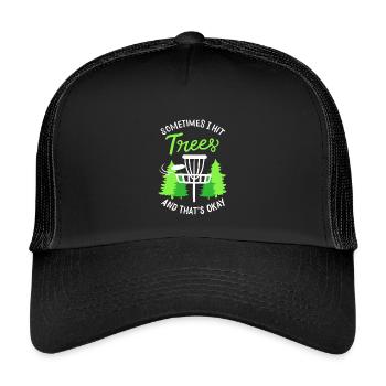 Sometimes I Hit Trees Disc Golf Basket Art - Kids’ Trucker Cap - black/black - Front