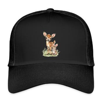🦌🐰Fawn and Tender Bunny – Illustration - Kids’ Trucker Cap - black/black - Front
