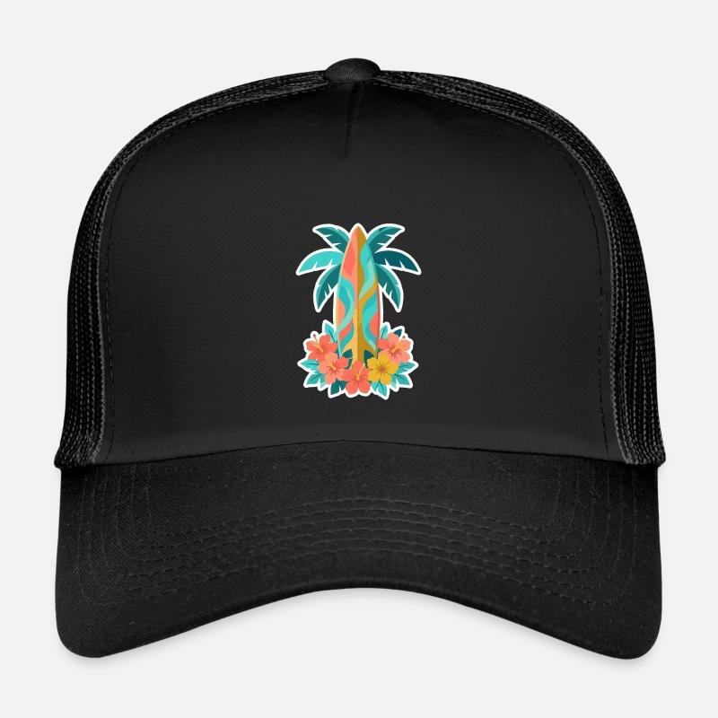 Tropical Surfboard Hibiscus Bloom - Kids’ Trucker Cap - black/black