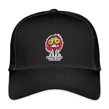 Wide-Eyed Mad Scientist Sticker - Kids’ Trucker Cap - black/black - Front