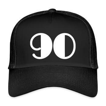 90. 90 JAHRE. 90-JÄHRIGES JUBILÄUM. 90-JÄHRIGES JUBILÄUM. - Kinder Trucker-Cap - Schwarz/Schwarz - Vorne