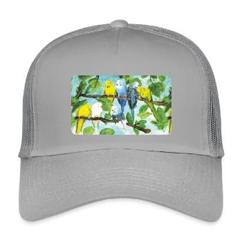 Perruches sur un arbre - craie pastel - Casquette trucker enfant - gris clair - Devant