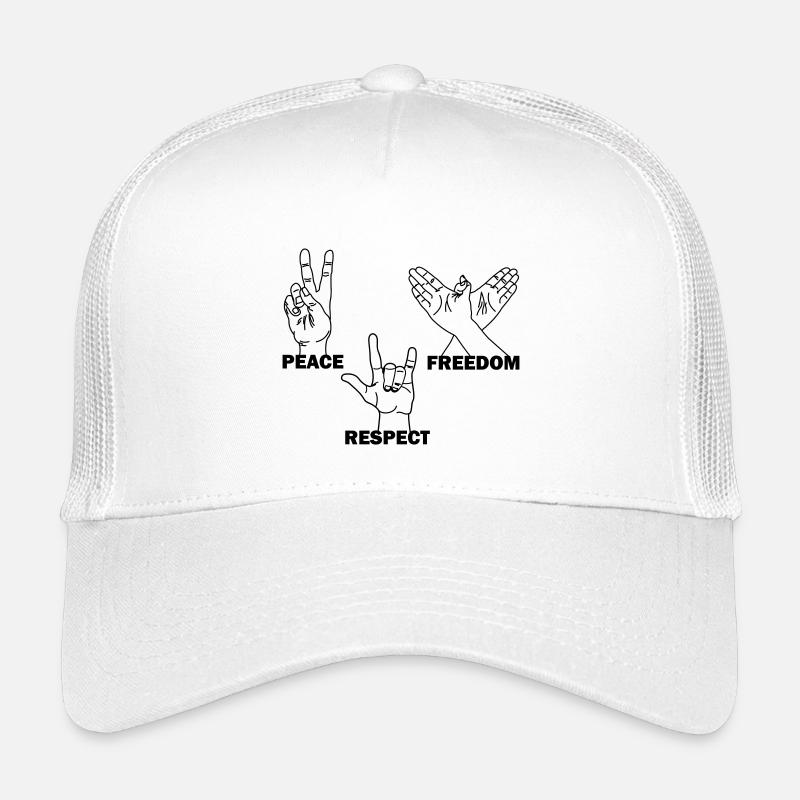 Peace, freedom, respect, hand gestures with text Kids’ Trucker Cap