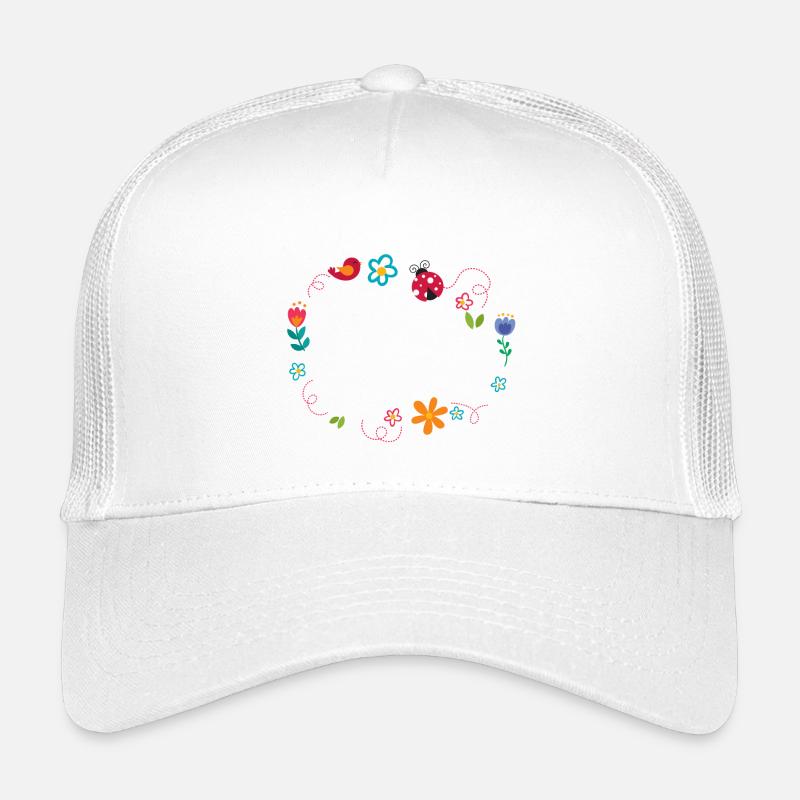 Round frame with flowers, ladybug and bird Kids’ Trucker Cap