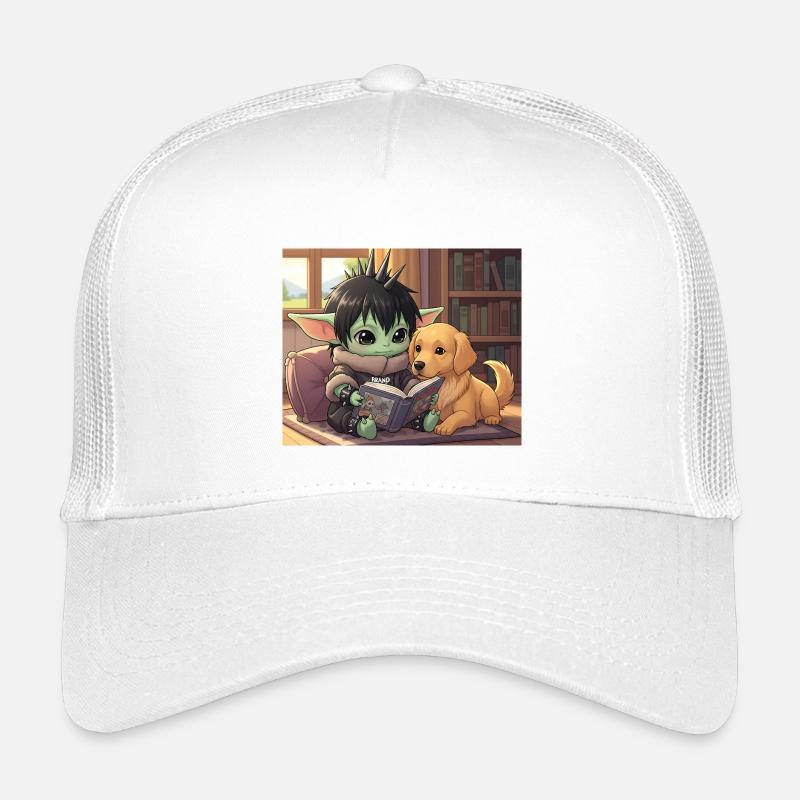 Kleiner Goblin mit Hund und Comic-Book Kinder Trucker-Cap
