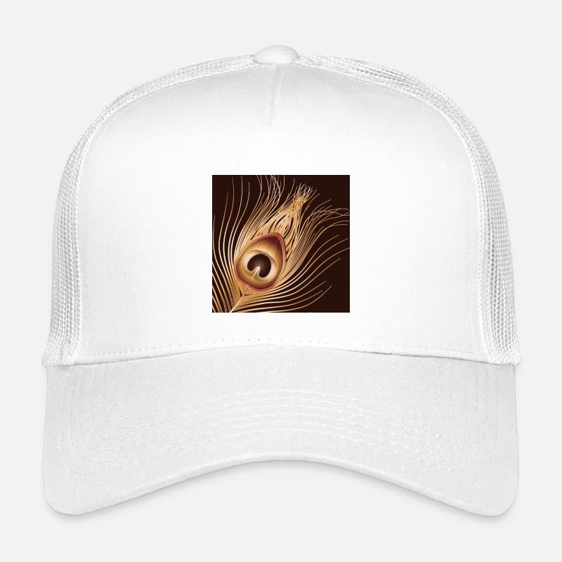 hand-drawn gold-colored peacock feather Kids’ Trucker Cap