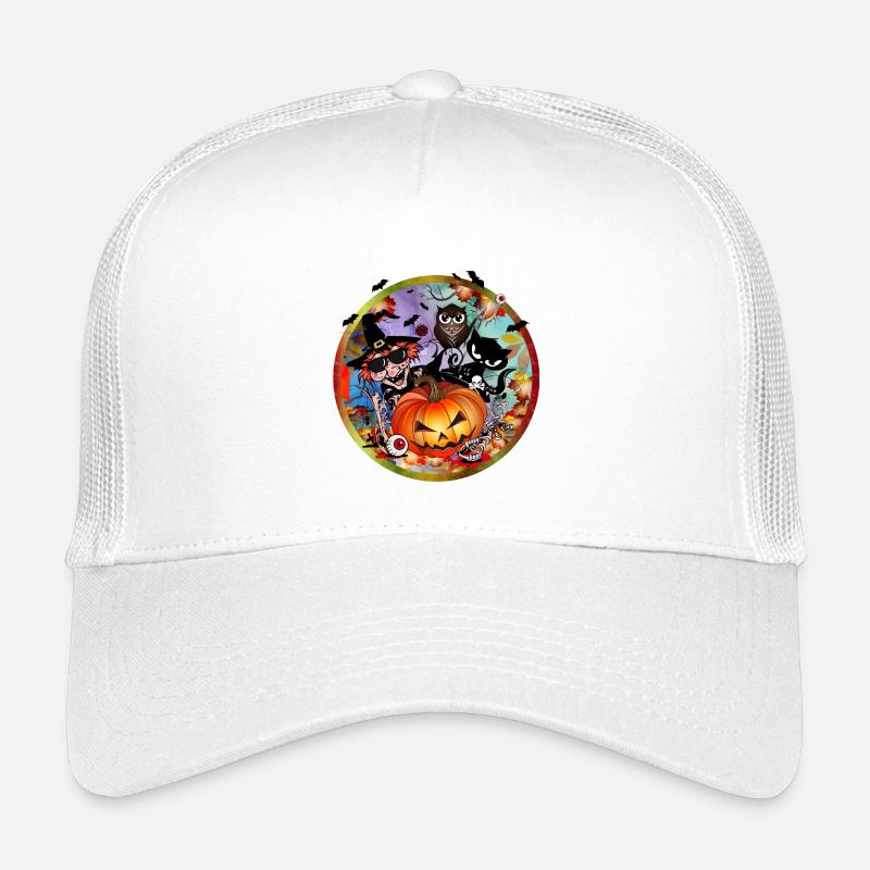 Halloween Pumpkin with Witch, Cat, Bat & Owl Kids’ Trucker Cap
