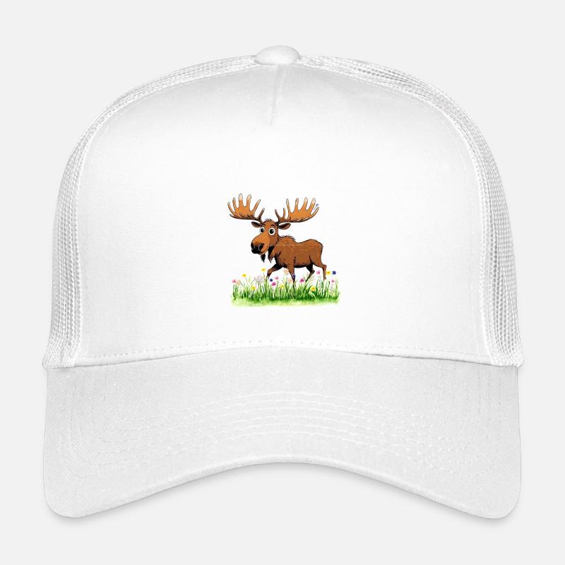 Whimsical Moose in Spring Meadow Kids’ Trucker Cap