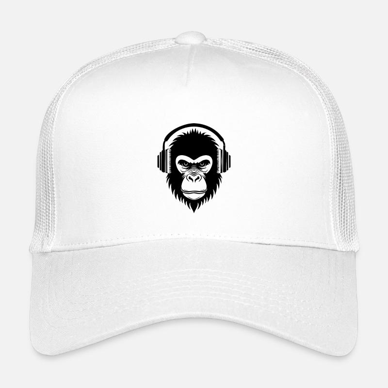 Nachdenklicher Cartoon-Affe mit Kopfhörern Shirt - Kinder Trucker-Cap - Weiß