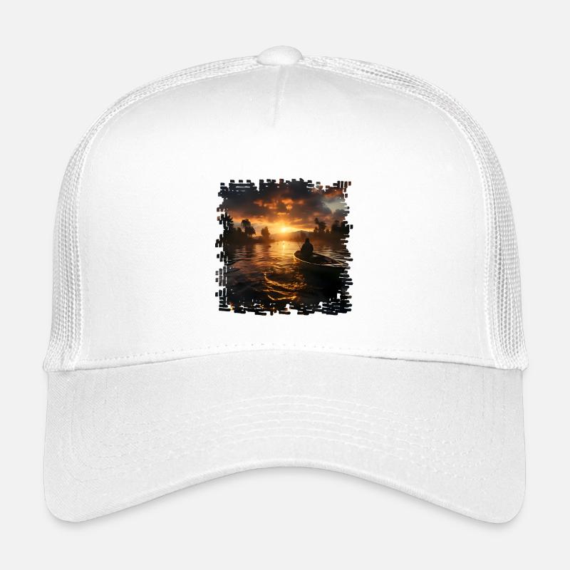 Sonnenuntergang am See mit Bootfischer Kinder Trucker-Cap