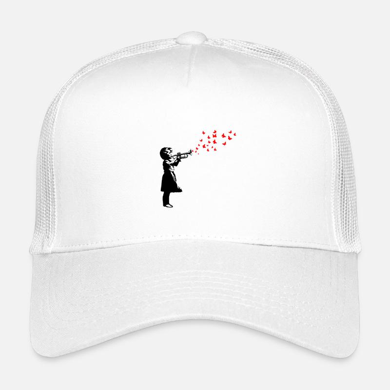 Mädchen und Schmetterlinge mit Trompete, Banksy-Stil. - Kinder Trucker-Cap - Weiß