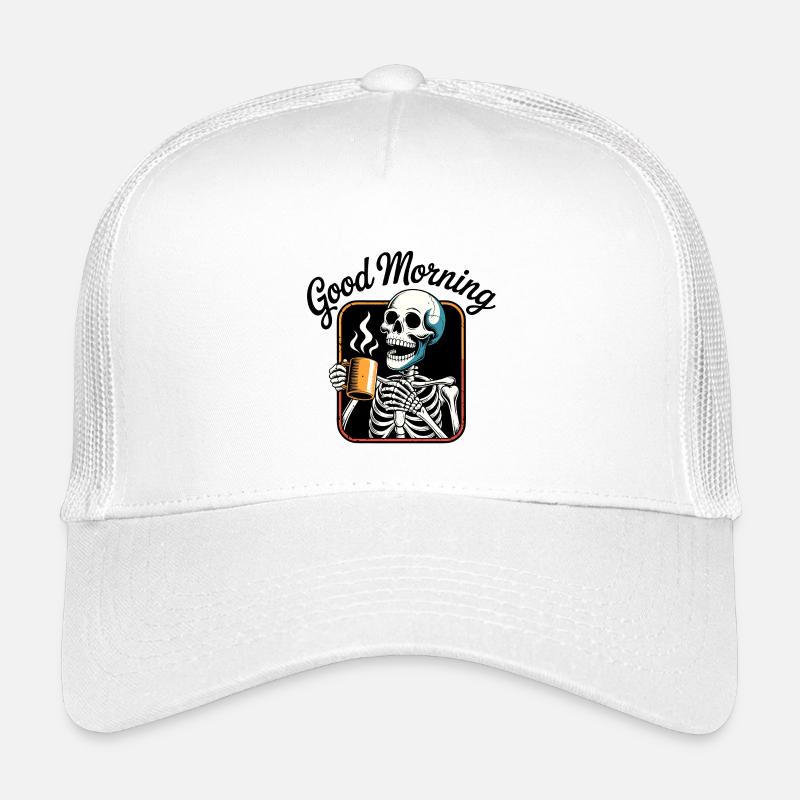 Coffee Skeleton with Steaming Cup Kids’ Trucker Cap