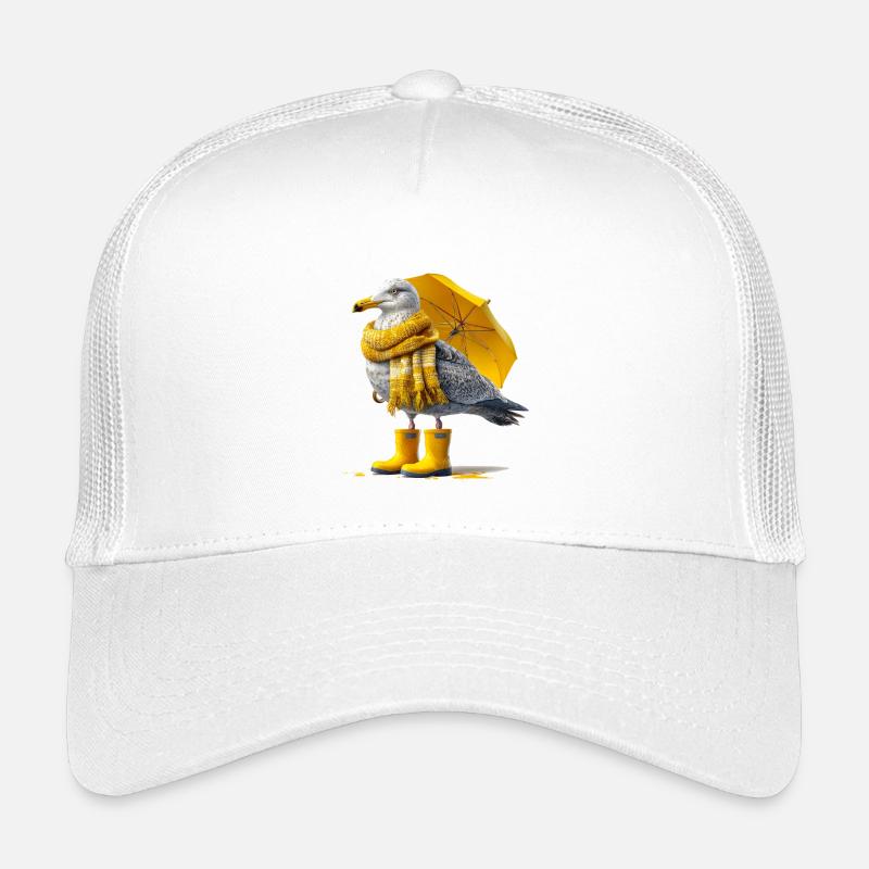 Seemöwe mit Gelbem Regenschirm und Boots - Kinder Trucker-Cap - Weiß