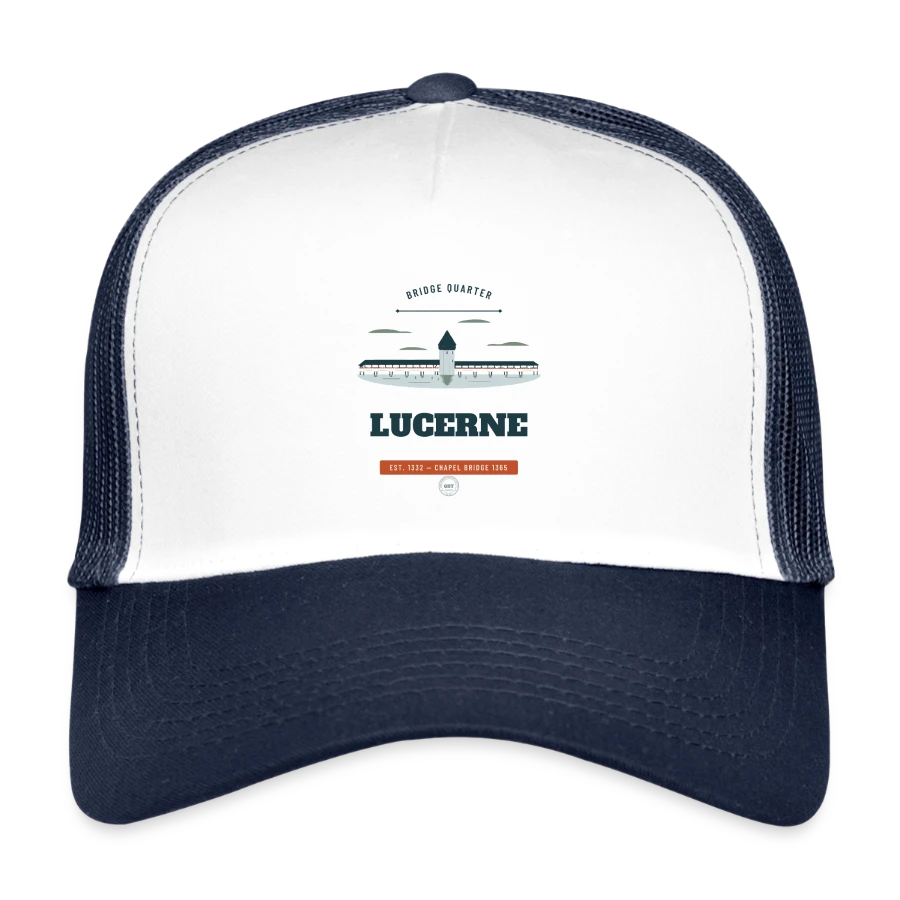 Lucerne badge on a kids’ trucker cap, white/navy