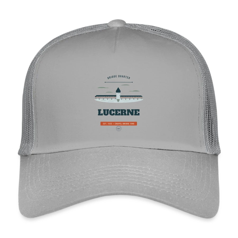 Lucerne badge on a kids’ trucker cap, light grey