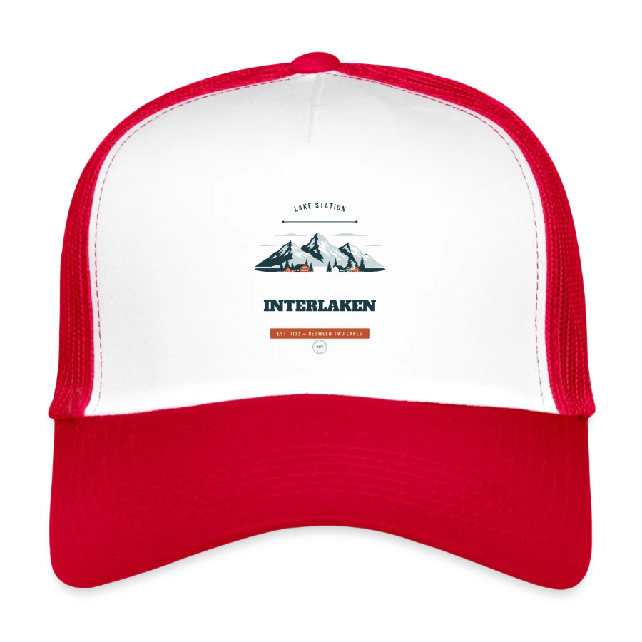 Interlaken badge on a kids’ trucker cap, white/red