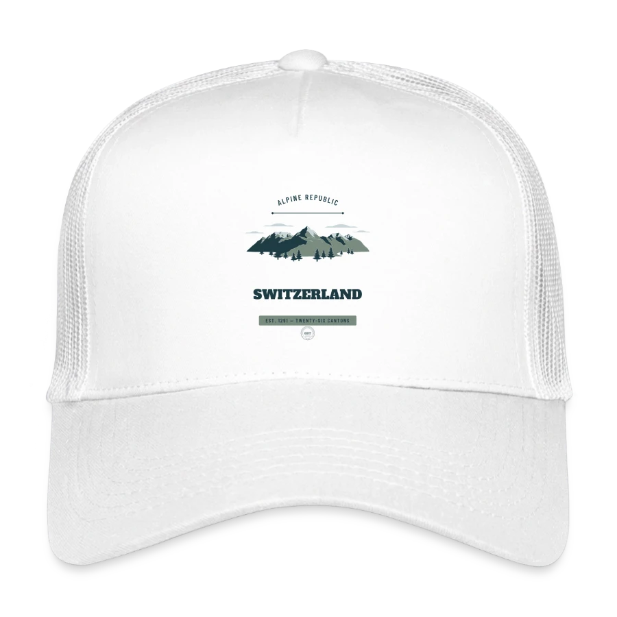 Switzerland badge on a kids’ trucker cap, white