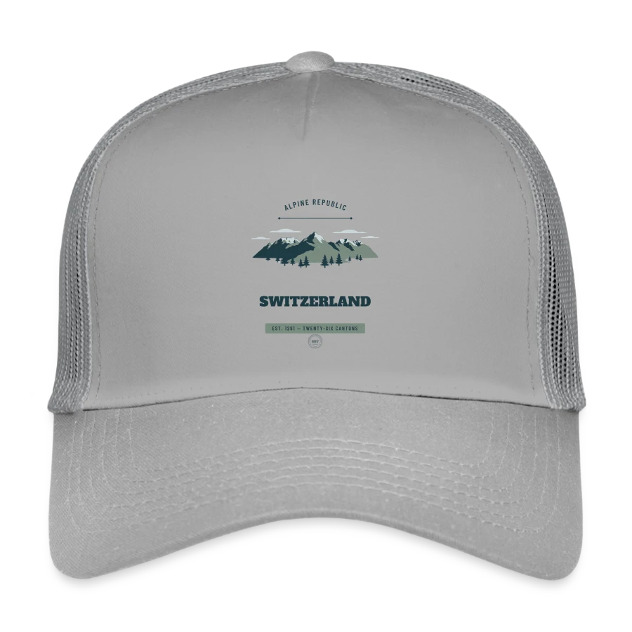 Switzerland badge on a kids’ trucker cap, light grey