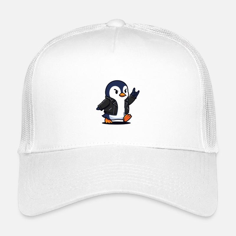 Rocker-Pinguin in Lederjacke mit Teufelshorn - Kinder Trucker-Cap - Weiß