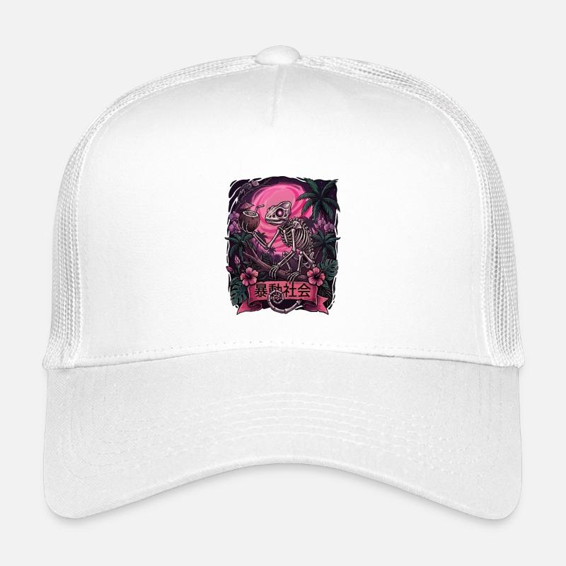 Skeleton in Neon Jungle With Chameleon Kids’ Trucker Cap