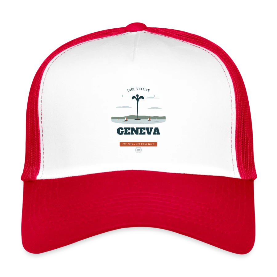 Geneva badge on a kids’ trucker cap, white/red