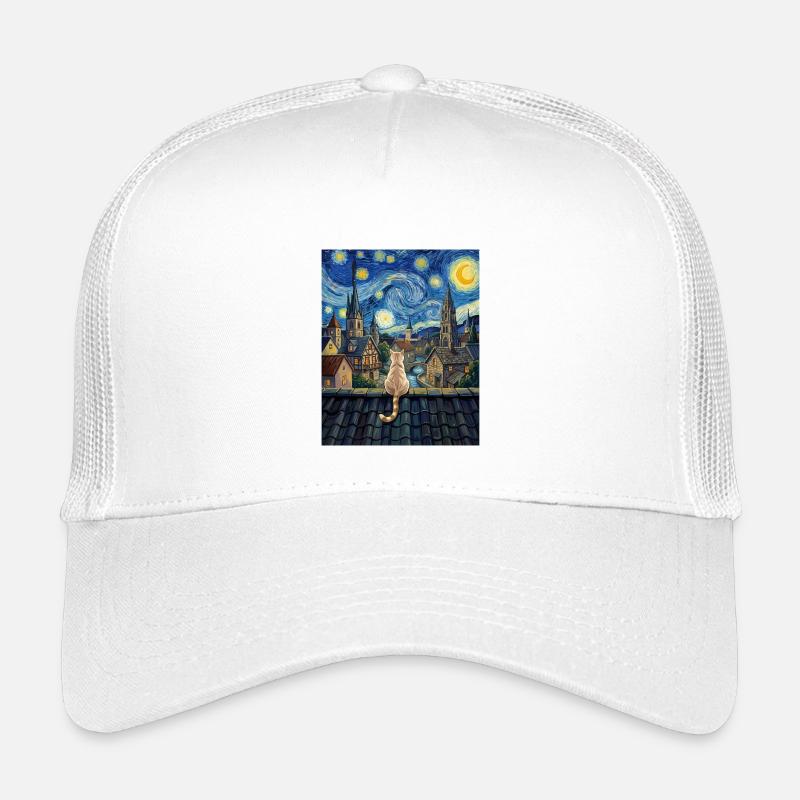 Sternennachtskatze mit Blick auf Dorfkunst Kinder Trucker-Cap