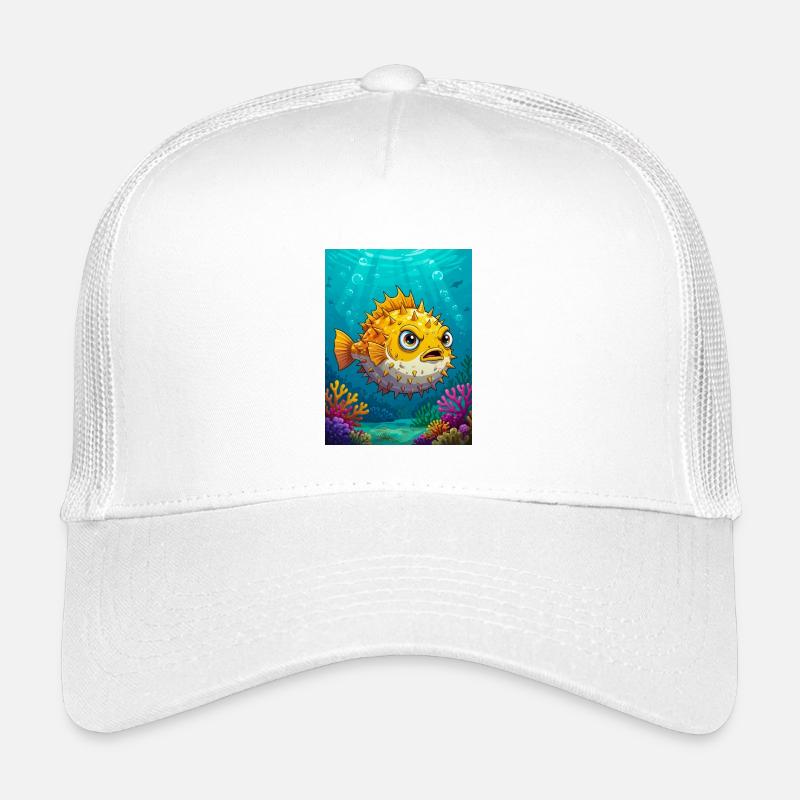Kugelfisch im Comic-Stil, runder, stacheliger, aufgeblasener Körper Kinder Trucker-Cap