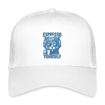 "Espresso Yourself" Cool Cat with Coffee - Kids’ Trucker Cap - white - Front