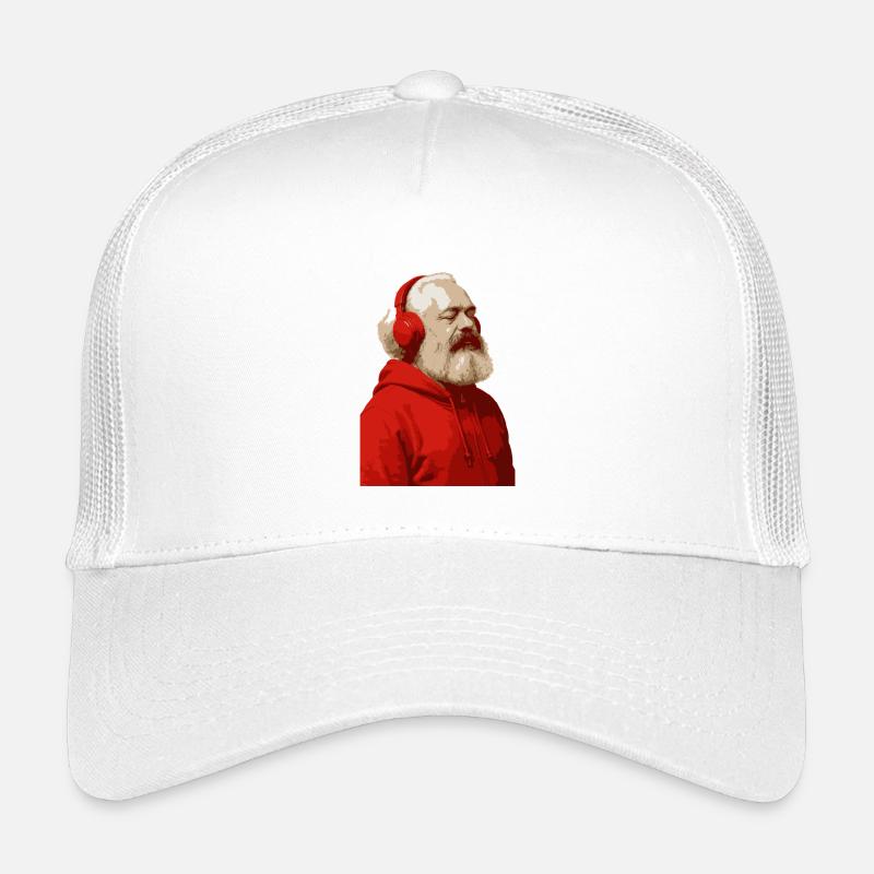 Karl Marx im roten Kapuzenpulli und Kopfhörer hören m Kinder Trucker-Cap