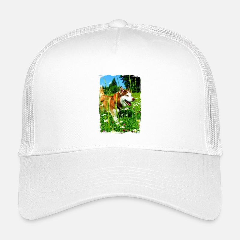 Husky in a flower field Kids’ Trucker Cap
