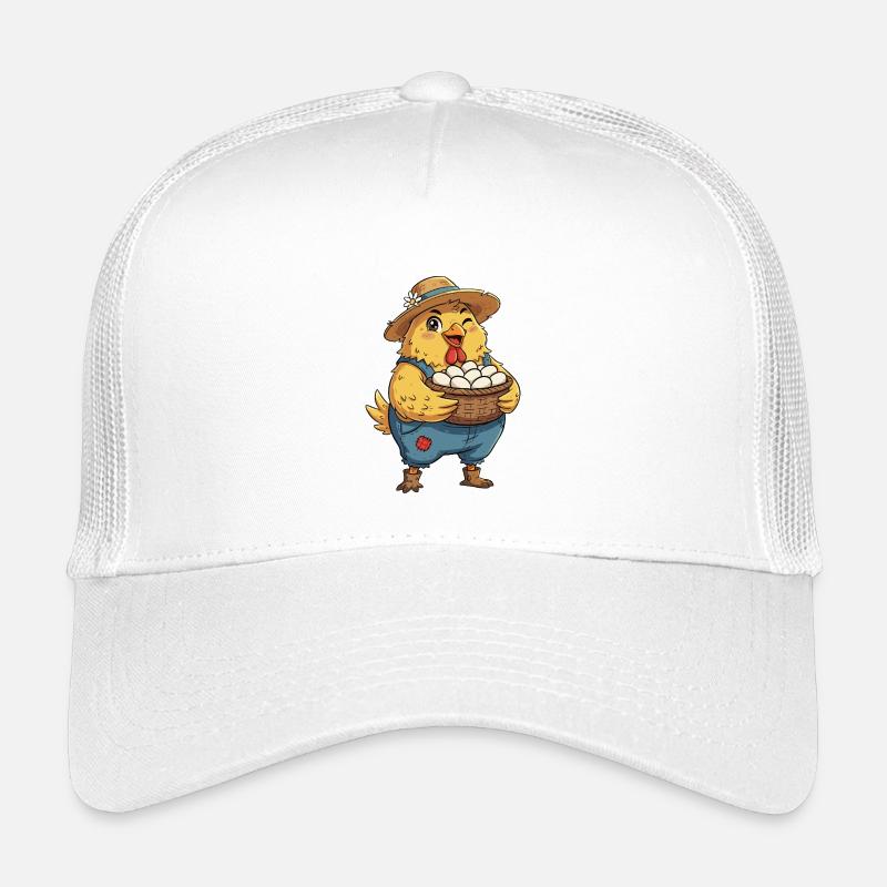 Chick in egg basket on farm Kids’ Trucker Cap