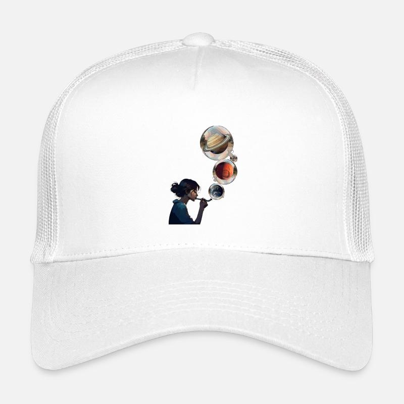 Kontemplative Frau mit kosmischen Planeten - Kinder Trucker-Cap - Weiß