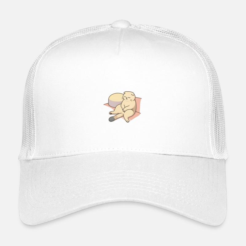 Relaxing cat in bed with pillow Kids’ Trucker Cap