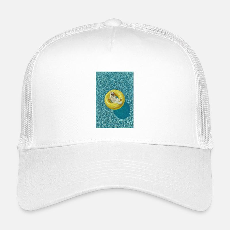 Sonnenbeschienene Katze auf gelbem Poolschwimmer - Kinder Trucker-Cap - Weiß