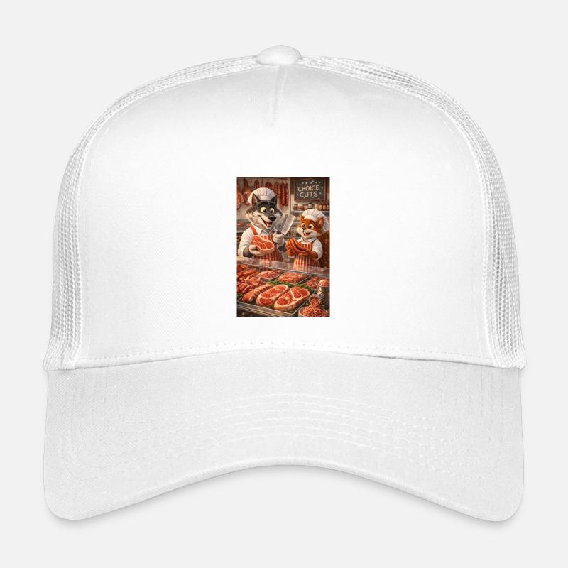 Mr. Wolf and Mr. Squirrel in a butcher's shop Kids’ Trucker Cap