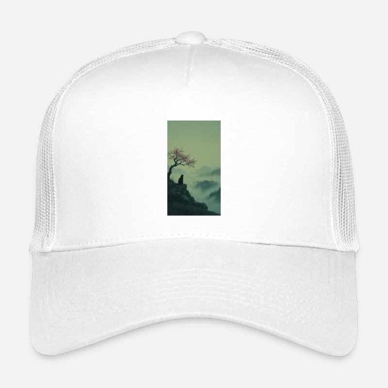 Schwarze Katze am Sakura-Baum – Asian Zen Design - Kinder Trucker-Cap - Weiß