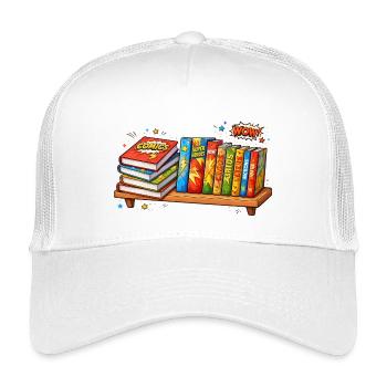 Shelf with books comic cartoon style - Kids’ Trucker Cap - white - Front