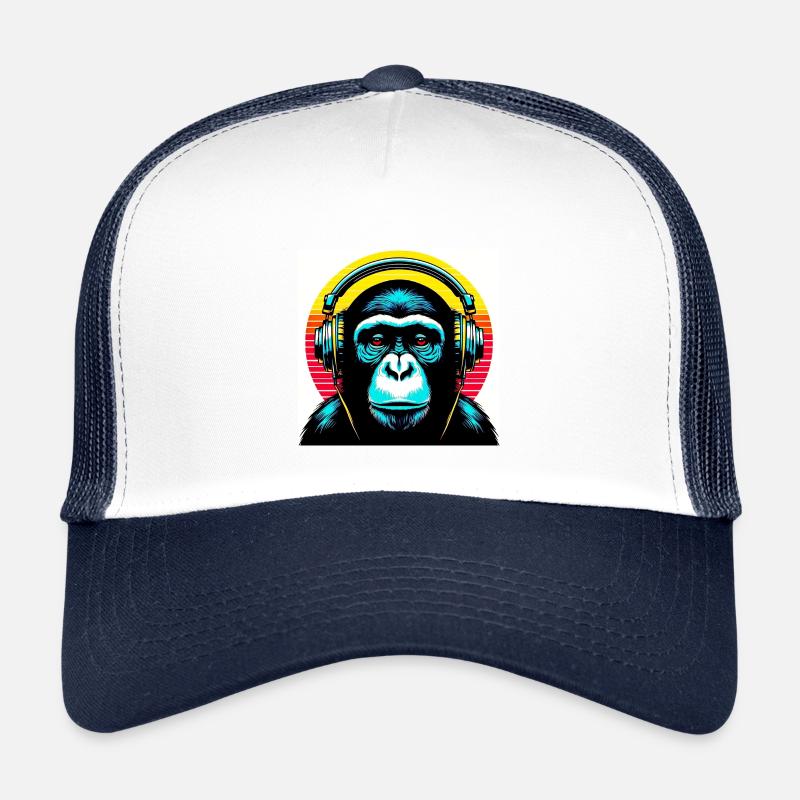 Schimpansenaffe hört Musik mit Kopfhörern Kinder Trucker-Cap