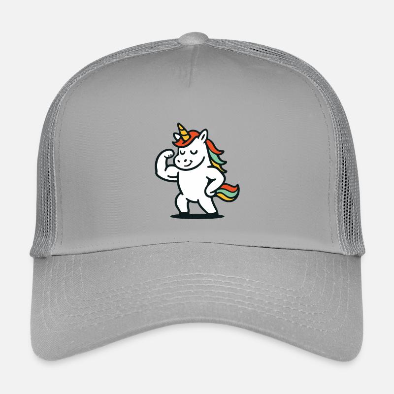 Niedliches flexendes Einhorn mit buntem Mähnen-Maskottchen Kinder Trucker-Cap