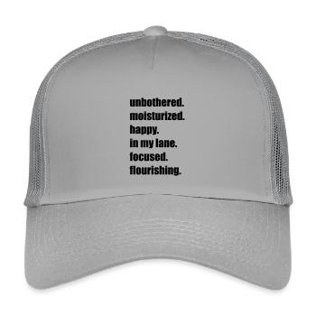 Unbothered Happy Focused Flourishing Meme Mantra - Kids’ Trucker Cap - light grey - Front