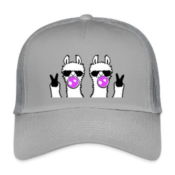 Deux lamas avec des lunettes de soleil chewing-gum, signe de paix mignon. - Casquette trucker enfant - gris clair - Devant