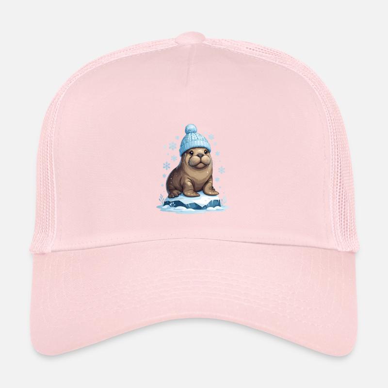 Winter-Seelöwe mit blauer Mütze - Kinder Trucker-Cap - Hellrosa
