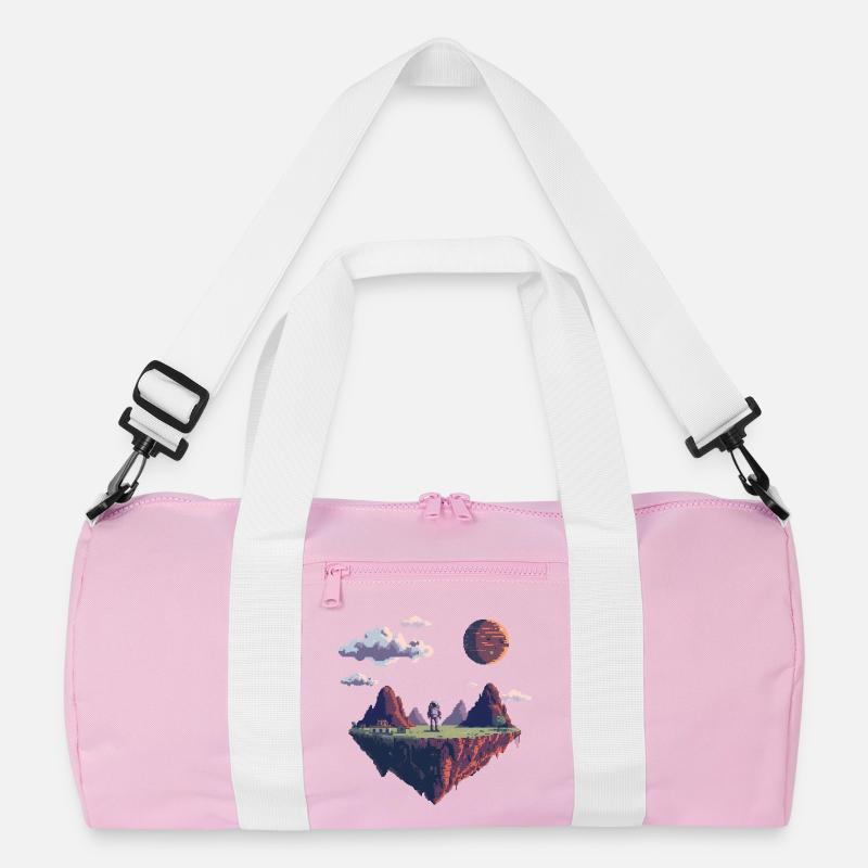 8-Bit Pixel Astronaut on Floating Island - Recycled Duffel Bag - pink/white