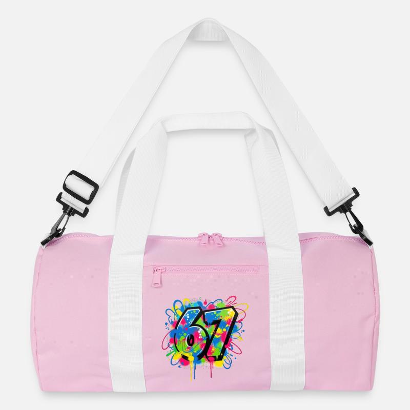 6 7 Cartoon Nummern Meme – Buntes Splash Design - Recycelte Duffel Bag - Rosa/Weiß