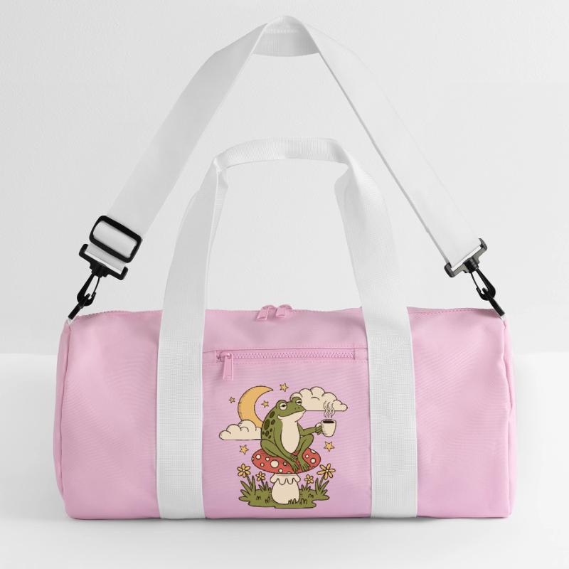 A frog with a cup sits on a toadstool Recycled Duffel Bag