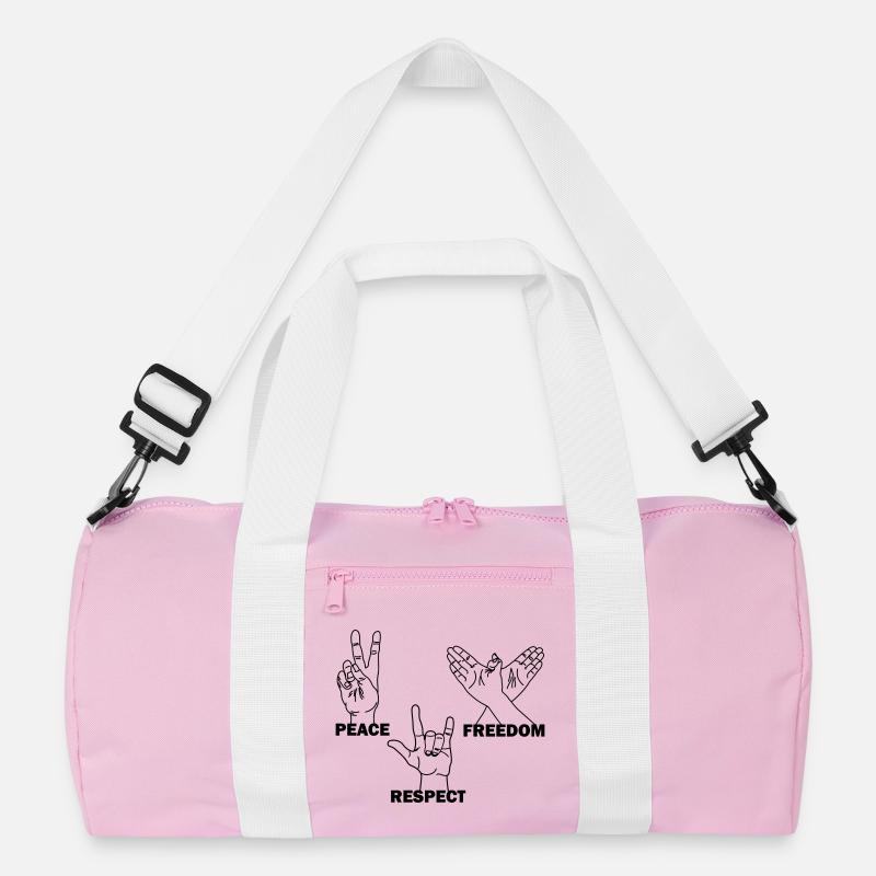 Peace, freedom, respect, hand gestures with text Recycled Duffel Bag