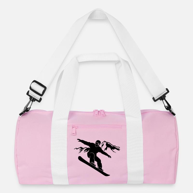 Snowboarder Schattenbild mit Bergpanorama - Recycelte Duffel Bag - Rosa/Weiß