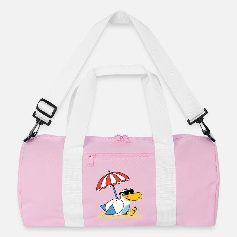 Sunny Beach Seagull with Umbrella - Recycled Duffel Bag - pink/white