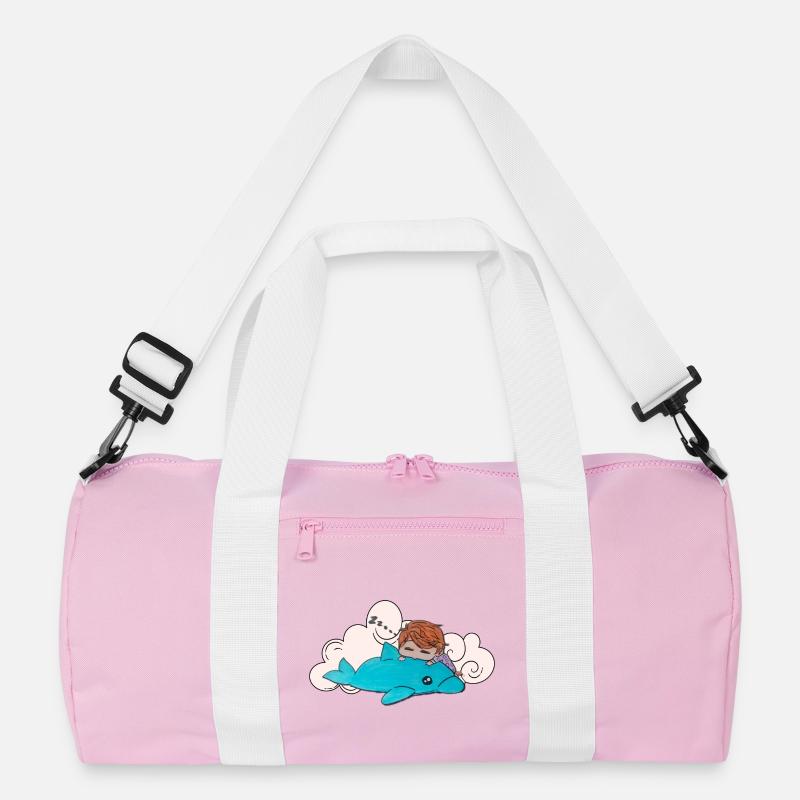 Schlafendes Kind auf blauem Delfin  - Recycelte Duffel Bag - Rosa/Weiß